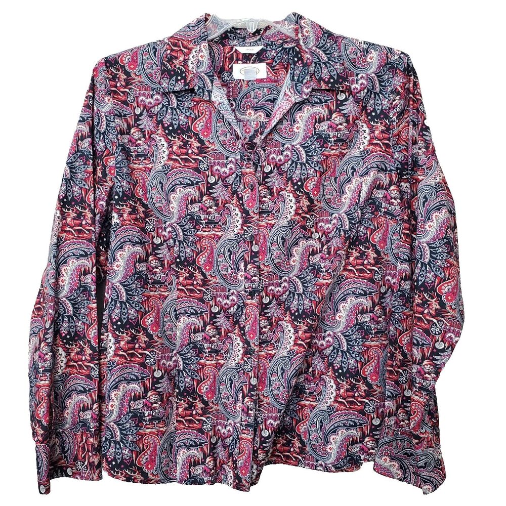 Talbots Stretch Cotton Blend Paisley Long Sleeve Button-Up Shirt Size XL